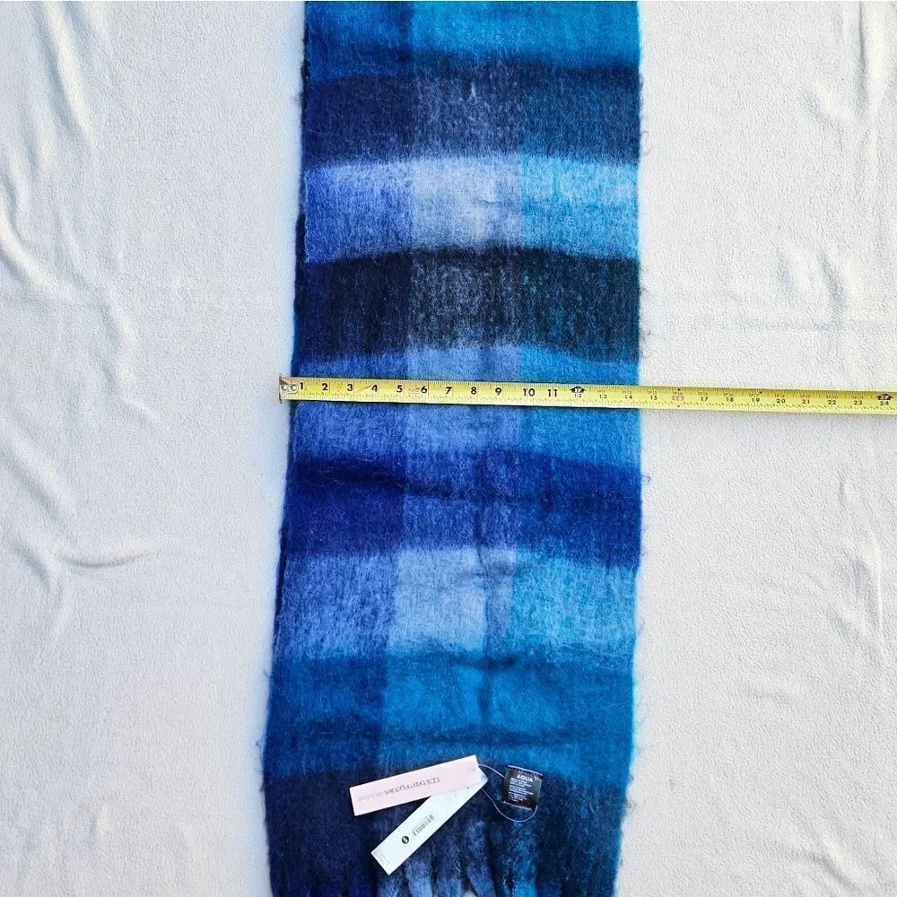 Bloomingdale's Aqua Blue Plaid Fringe Scarf